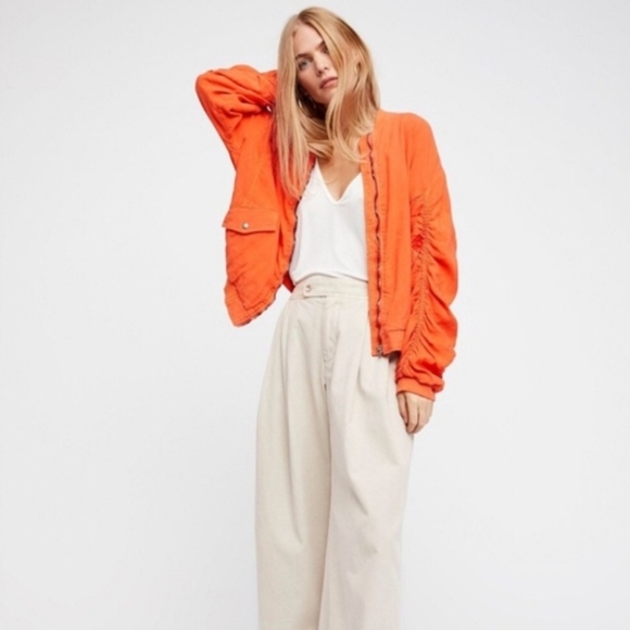 🚫SOLD🚫 Free People Orange Linen Bomber Jacket - Picture 2 of 8